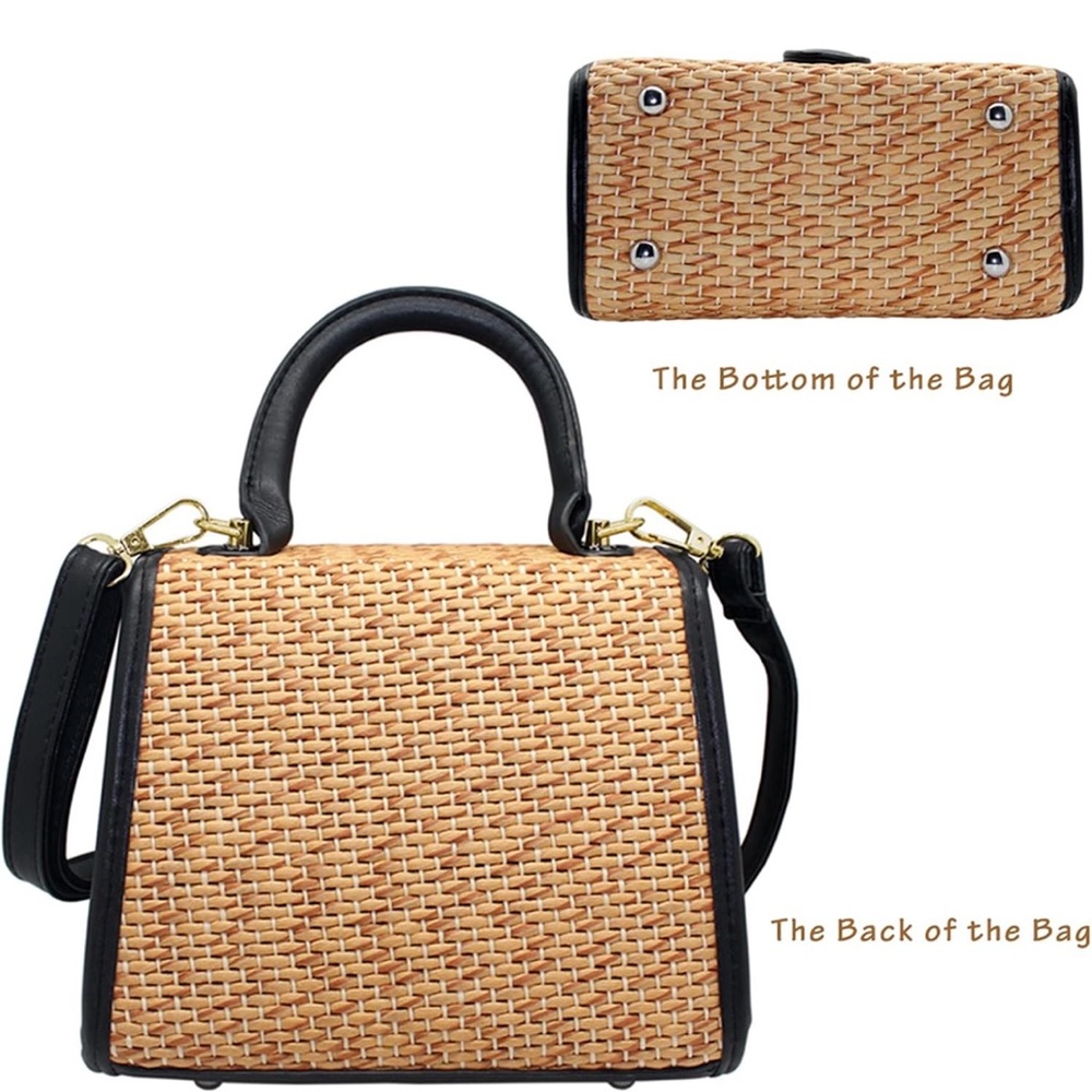 Chic Black and Straw Crossbody Bag with Adjustable Strap - Picture 5 of 7